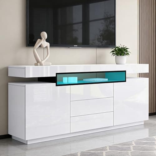 Image of BESTWANTED Modern White High Gloss Sideboard Cupboard, 160 x 35 x 72cm, 2 Doors, 3 Drawers, LED Light, Sideboards for Living Room Cabinets, Kitchen, Home Office