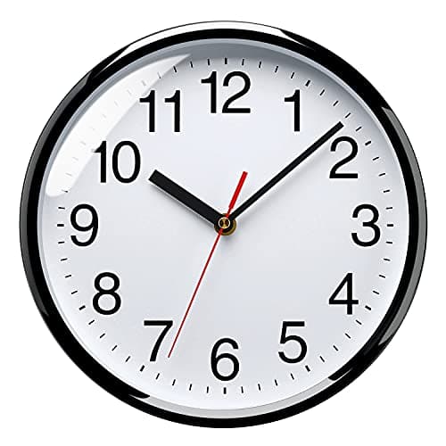 Image of Plumeet Wall Clock, 10" Non Ticking Silent Quartz Black Wall Clocks, Battery Operated, Decorative Home Office School Clock (White)