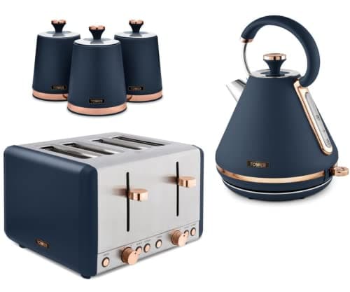Image of TOWER Cavaletto 1.7L 3 KW Pyramid Kettle, 4 Slice 1600W Toaster and Set of 3 Tea, Coffee & Sugar Canisters. Contemporary Matching Kitchen Set of 5 Items in Midnight Blue & Rose Gold