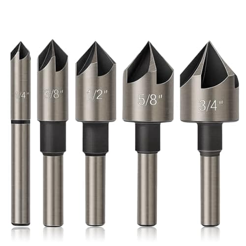 Image of Countersink Drill Bit Set - 5 Pieces, 82° 5-Flute High-Speed Steel, Round Shank Mill Cutter, for Metal, Wood, Plastic，Includes 1/4”, 3/8”, 1/2”, 5/8”, 3/4” Sizes-Ideal for Countersink, Deburring.