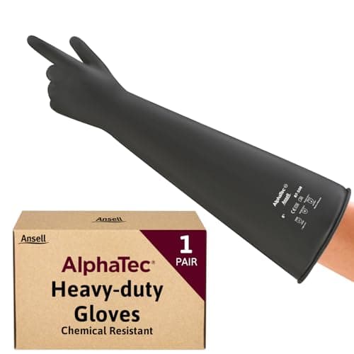 Image of Ansell AlphaTec 87-108 Chemical Resistant Gloves in Latex with Long Cuff (61cm/24in), Heavy Duty Protection against Acids and Solvents, Reusable Rubber Latex Gloves, Black, Size L (1 Pair)