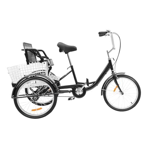 Image of Clevenger 20Inch Adult Tricycle 3 Wheel Bike Single Speed with Child Seat &Shopping Basket For Cities,Cycle Routes and Various Roads,Anti-Slip and Wear Resistant Wheels (Black)