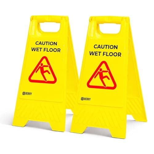 Image of Berry Wet Floor Sign Yellow | Foldable Type A Slippery Floor Warning Sign | Free Standing Caution Wet Floor Sign for Shops, Hotels, Restaurants, Offices & Public Areas - Pack of 2