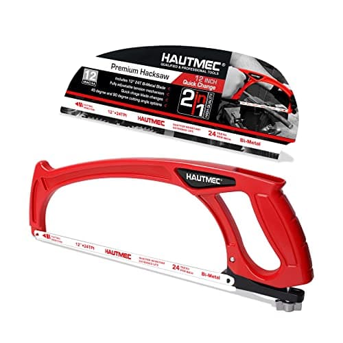 Image of HAUTMEC 300mm Pro High-Tension Hacksaw with Lightweight One-Piece Die-Cast Aluminium I-Beam Frame, 45°/90° Dual Cutting Angles, Metal Tension Knob, 24 TPI Bi-Metal Blade – HT0101