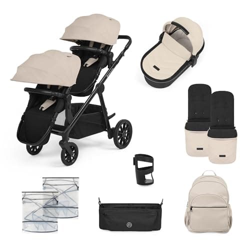 Image of Ickle Bubba Virgo Growing Family 11 Piece Pram – Single to Double Tandem Pushchair with Carrycot, Footmuffs, Rain Covers & Accessories, Suitable from Birth (Stone)