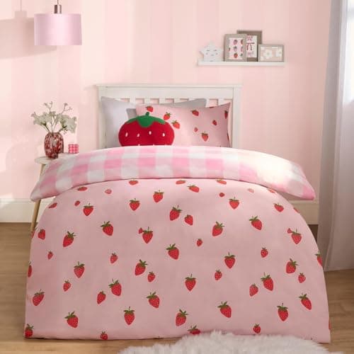 Image of OHS Girls Single Duver Cover Set Strawberry Print, Kids Single Bedding Covers Bed Set with Pillowcases Super Soft Microfibre Gingham Check Luxury Decorative, Pink