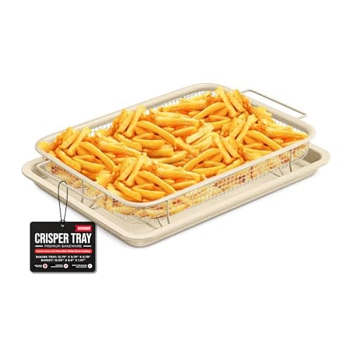 Image of Bakken- Swiss Crisper Tray - 2-Piece Set – White Marble, Non-Stick Basket Design for Healthier Cooking in Regular Ovens - Achieve Perfectly Crispy Chips, Bacon and More