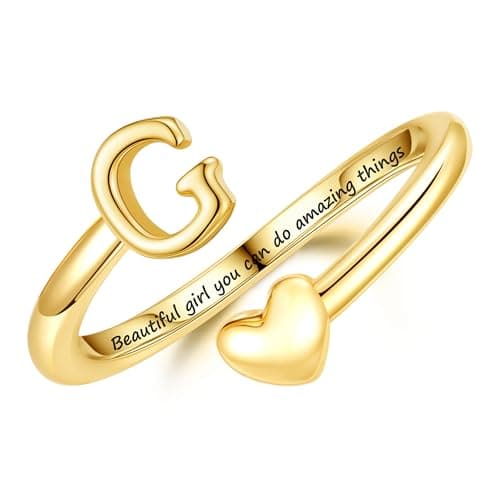 Image of Turandoss Gold Rings for Women Girls - Non Tarnish 14K Gold Plated Heart Initial G Rings Engraved Words Adjustable Open Pinky Ring Stackable Thumb Ring Gifts for Women Jewelry