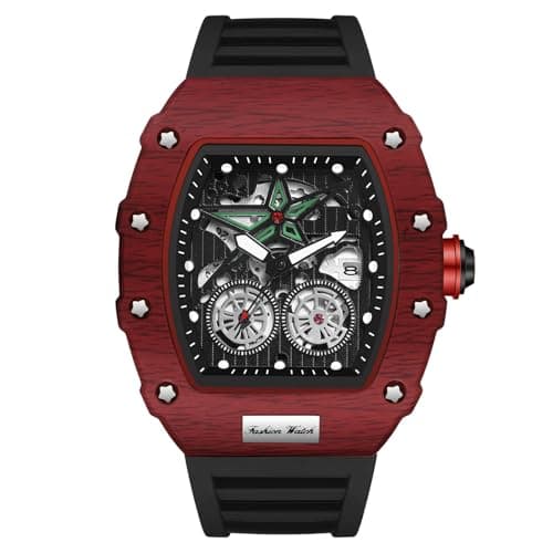 Image of RORIOS Fashion Tonneau Watches for Men Punk Hollow Wristwatch Analogue Quartz Wrist Watch Luminous Date Calendar Watch Men’s Silicone Strap Watch Red Black
