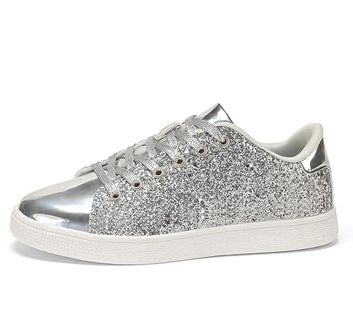 Image of LUCKY STEP Womens Glitter Sneakers Lace up Fashion Sneakers Sparkly Casual Shoes for Women (Silver, 9US-40EU-7UK)