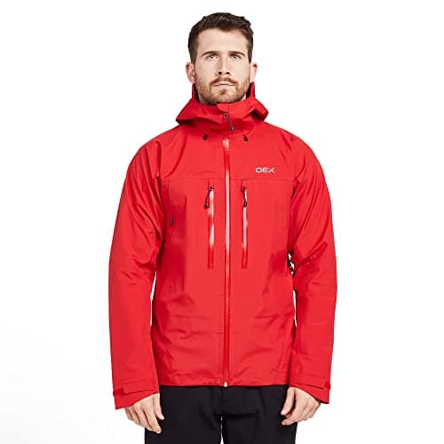Image of OEX Men’s Tirran Waterproof Jacket with Wired Peak Adjustable Hood & Athletic Fit, Breathable, Durable Ripstop, Technical Raincoat (UK, Alpha, S, Regular, Regular, Red)