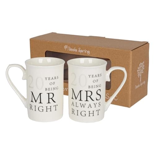 Image of Nicola Spring 20th Anniversary Coffee Mug Set - 300ml Set of 2 New Bone China Coffee Teacup Drinking Mugs for Wedding, Milestone Celebration, His & Hers, Mr Right Mrs Always Right Couples Gift Box