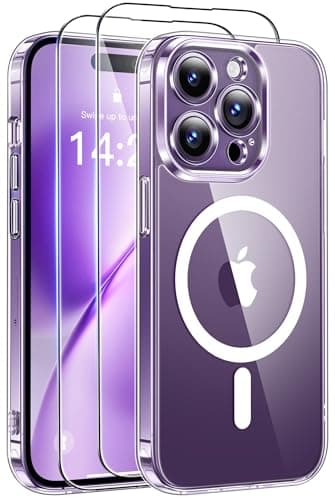 Image of Qasyfanc Magnetic for iPhone 14 Pro Max Case with 2 Tempered Glass Screen Protector, Compatible with MagSafe, Full Camera Protection, [Anti-Yellowing] Shockproof Protection Phone Case, Clear