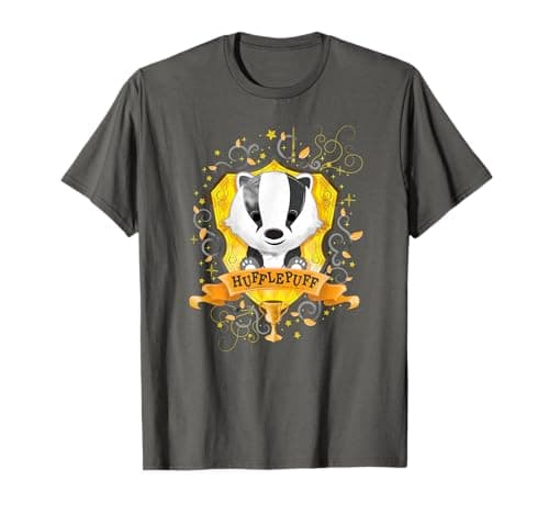 Image of Wizarding World Harry Potter Watercolor Hufflepuff Crest T-Shirt - Women's Unisex-Adults Grey Classic Fit Short Sleeve Club Collar T-Shirt - Size S