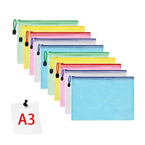 Image of Vicloon Plastic Wallets, 10Pcs A3 Zip Lock Bags Mesh Document Wallet Document Folders Plastic Pockets Zipper File Wallet for School Office Homework Travel Storage Bags