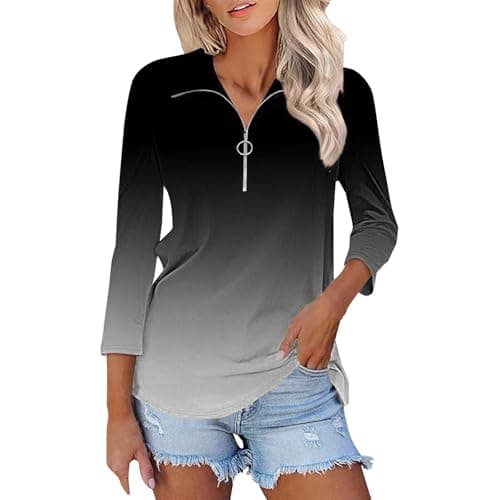 Image of Polo Shirts for Women UK 3/4 Sleeve Tops Zip Up Collared Office Ladies Athletic Golf Polo Striped Shirts Work Blouse Tunic Floral Printed Dressy Casual Elegant Three Quarter Sleeve Petite Tops Blue