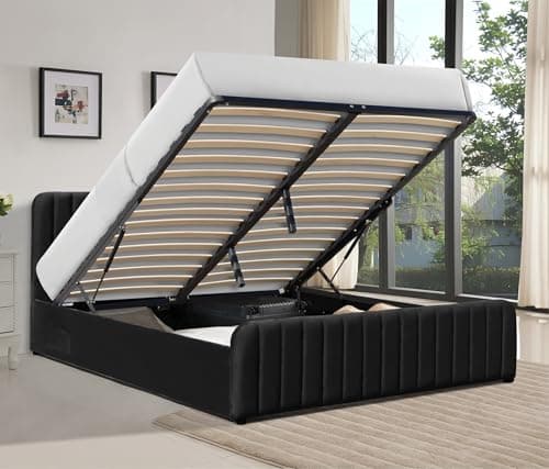 Image of Modernique LuxeLift Velvet Ottoman Storage Bed Frame with USB-C Charger & Side Pockets, Sturdy Sprung Slats, Grey or Black, (Black, King)