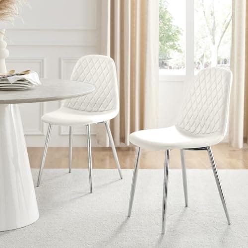 Image of Furniturebox UK Corona Dining Chairs Set of 2 Contemporary & Luxurious Diamond Stitched Dining Seats - Soft & Comfortable - White Faux Leather & Silver Chrome Metal Legs (Set of 2)