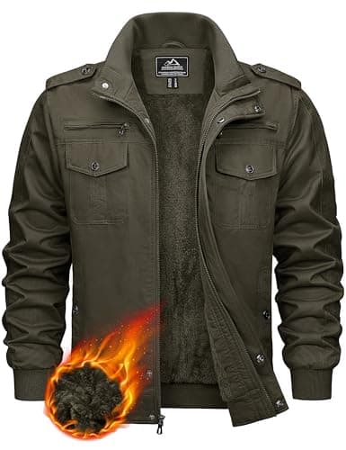 Image of KEFITEVD Men's Fleece Cargo Army Jacket Warm Spring Military Dogfight Jackets Pilot Thick Cotton Coat, 3XL, Army Green
