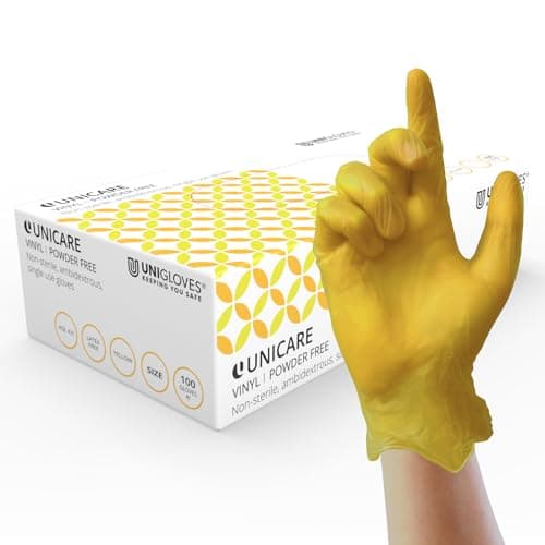 Image of UNIGLOVES Unicare Vinyl Disposable Gloves - Multipurpose, Powder and Latex Free Examination Gloves - Box of 100 Gloves, Yellow, Large (GS0104)
