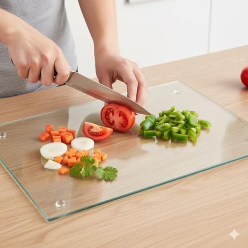 Image of Acense Tempered Glass Worktop Saver, Toughened Glass, Smooth Edges, Rounded Corners, Chopping Board, Non-Slip Rubber Feet, Multi-Purpose, Stain-Resistant 40 x 30 cm ((Clear))