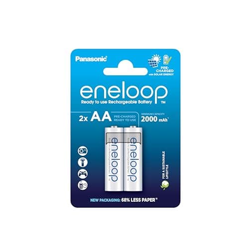 Image of eneloop, AA/Mignon, Rechargeable Battery, Pack of 2, Capacity of 2000 mAh, Ready-to-Use Ni-MH Batteries, 2000 Recharge Cycles, Plastic Free Packaging, Standard, White