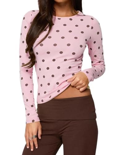 Image of Barbotimer Womens Polka Dot Top Y2k Long Sleeve Crew Neck Slim Fit Stretch Crop Top Casual Vintage Dot Print Going Out Streetwear (Retro Pink, S)