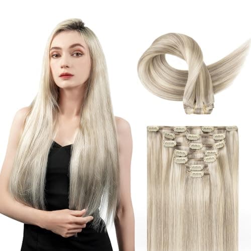 Image of SOBEAUTY Clip in Hair Extensions, 100% Human Hair Clip in Extensions Remy 120G 7Pcs Double Weft for Volume and Length, P17A/60A Ash Blonde Highlighted Platinum Blonde 14 Inch