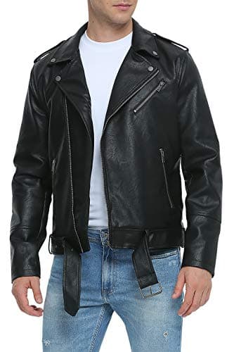 Image of Fahsyee Leather Jackets for Men, Faux Motorcycle Bomber Lapel Asymmetric Zip-Up Blet Slim Fit Biker Coat Black M