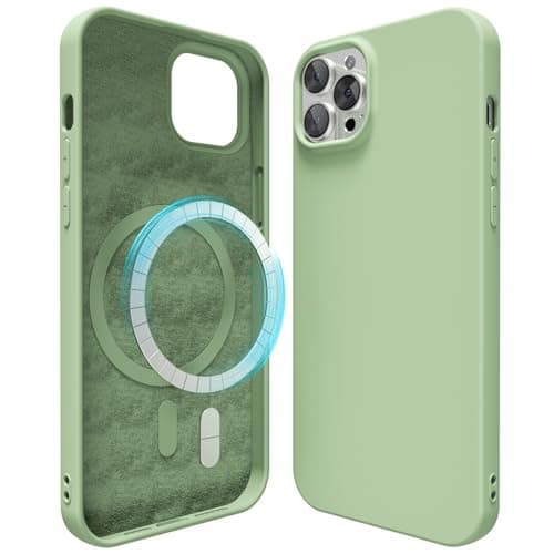 Image of oakxco Silicone Case for iPhone 12 Pro Max Compatible with Magsafe Magnetic Wireless Charging, Slim Thin Soft Rubber Gel with Magnet, Matte TPU Mag Cover for Women Men, Light Green