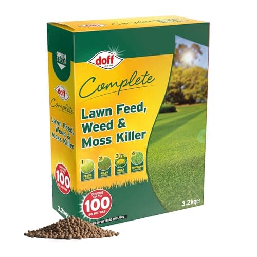 Image of Doff Complete Lawn Feed, Weed & Moss Killer – 3.2kg Triple-Action Lawn Care Treatment for Gardens – Condition & Thicken Lawns & Control Weeds & Moss - Promotes Greener Grass Year-Round