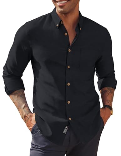 Image of PJ PAUL JONES Oxford Shirts for Men Longsleeve with Pocket Cotton Shirts Button Down Black XXL