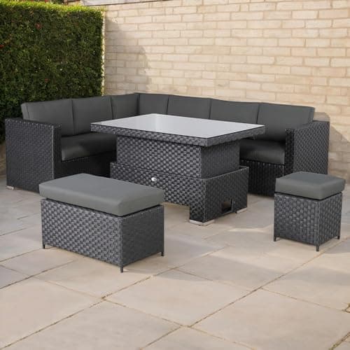 Image of Club Rattan Rattan Corner Sofa Set Rattan Garden Furniture Set Patio Corner Sofa Set with Rising Table and Washable Cushions (black, 8 seats)