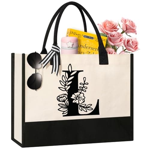 Image of Tecanne Personalized Initial Canvas Tote Bag, Cosmetic Bags, Suitable for Birthday, Wedding, Beach, Holiday, Great Birthday Gifts for Women, Mom, Teachers, Nurses, Best Friends, Bridesmaids (L)