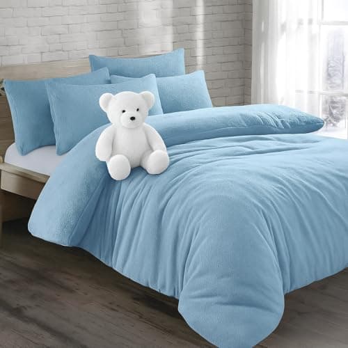Image of KD HOME EVERYTHING YOU NEED Teddy Bear Fleece Super Soft Fluffy Warm and Cosy Duvet Sets with matching Fitted Sheet and Pillowcases (Light Blue, King Duvet Set)