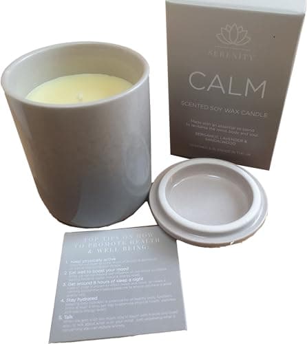 Image of Serenity Calm Ceramic Soy Wax Candle - Relax and Unwind - Scented Bergamot & Lavender 120g