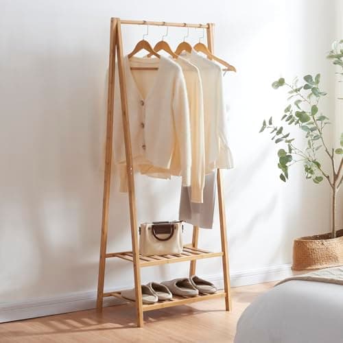 Image of [en.casa] Bamboo coat rack Öckerö 150 x 60 x 40 cm with clothes rail Coat rack with 2 shelves Open wardrobe Coat rack