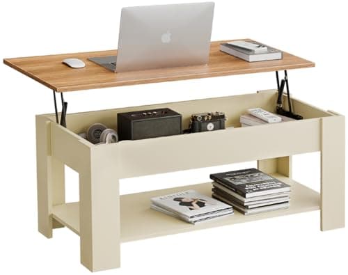 Image of Blisswood Coffee Table With Storage, Lift Up Coffee Tables for Living Room, Wooden Coffee Table With 1 Shelf Large Hidden Storage Modern Rectangular Sofa End Lift-Top Tea Table Furniture, Cream & Pine