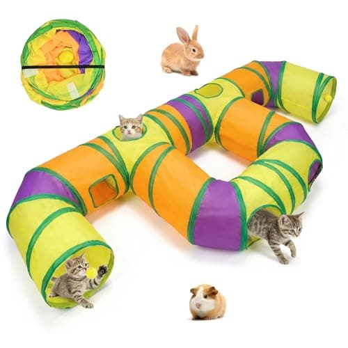 Image of Rainbow Cat Play Tunnel with Multi-Hole Design for Indoor Cats, Large Foldable Cat Tunnel for Multi-Cat Households, Interactive Pet Tunnel Toy for Rabbits and Guinea Pigs, 160cm Long 25cm Diameter