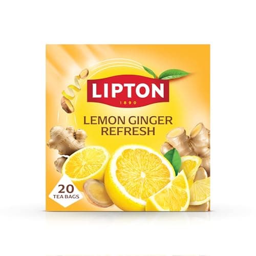 Image of Lipton Lemon Ginger Refresh Fruit Infusion Herbal Tea Bags, 20 Plant-Based Pyramid Bags, Caffeine-Free, Natural Flavours.