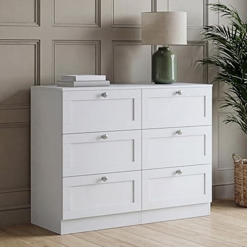 Image of Vida Designs Altino 6 Drawer Chest of Drawers | White | H 76.5 x W 100 x D 36 cm | Wide Bedroom Storage Unit | Easy Assembly | Clothes Storage Cabinet | Modern Shaker Style Hallway or Guest Room
