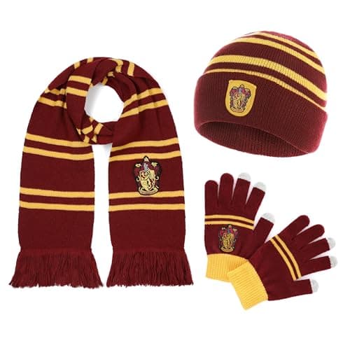 Image of Harry Potter Official Gryffindor Scarf, Hat and Gloves - Accessory Set for Women and Children - Hogwarts Gift and Costume Accessory