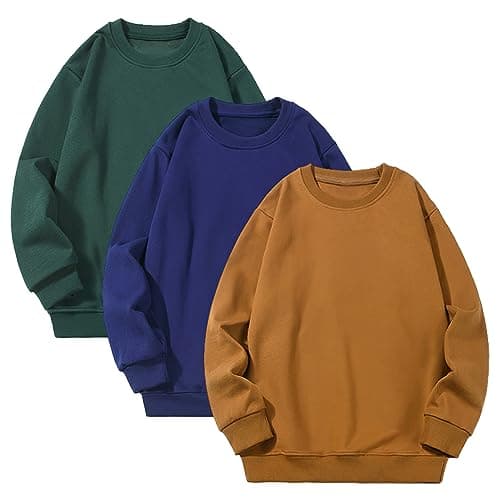 Image of amropi Boys Plain Sweatshirt 3 Pack Jumper T-Shirt Long Sleeve Tops Casual Tee Shirts Khaki Blue Green, 5-6 Years