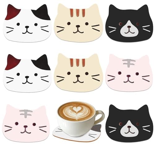 Image of AOOWU Cute Kitten Coasters, 8 Pack Drink Coasters, Non Slip Cat Shaped Coaster Set, Perfect House Warming Gifts for Cat Lover, Drink Coaster Gifts for Coffee Table Desk Dining Room Tabletop Protection