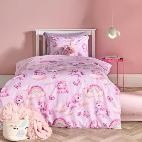 Image of OHS Unicorn Fun Girls Bedding Double Duvet Set, Gifts for Girls Super Soft Cosy Warm Microfibre Polyester Kids Quilt Cover Stylish Double Bedding with Pillowcases, Lilac
