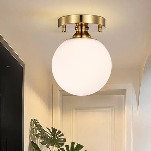 Image of Small Gold Semi Flush Mount Ceiling Light, 5.9" Globe Glass Shade, Mid Century Modern Hallway Ceiling Light for Entryway, Bathroom, Laundry Room, E14