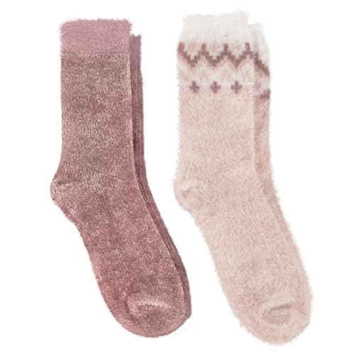 Image of totes® toasties® Ladies Fair Isle & Chenille Supersoft Bed Socks (Twin Pack), Ultra-Soft Lining, Machine Washable, Perfect Winter Gift, Grey/Fair Isle, One Size