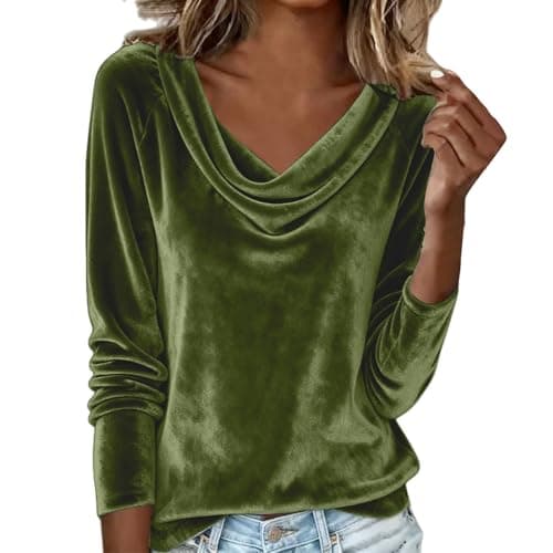 Image of Velvet Tops for Women Elegant Cowl Neck Pleated Blouse Dressy Casual Going Out Puff Long Sleeve Tops Autumn Clothes (Z06-Olive Green, L)