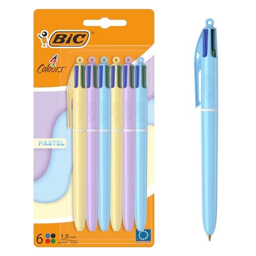 Image of BIC 4 Colours Pastel Ball Pens with Medium Points (1.00 mm) - Assorted Colours, Pack of 6