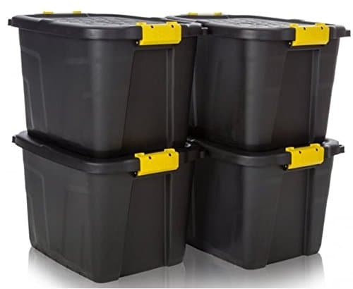 Image of Strata Heavy Duty 4 x 42L Black Storage Crates & Lids Black Yellow Handles